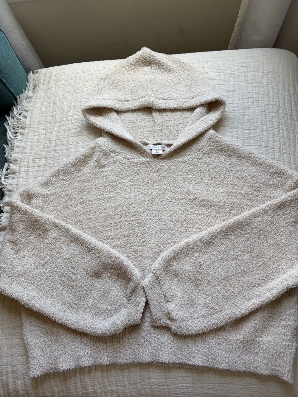 Sincerly Jules Cream Hooded Cozy Knit Pullover - Short -17.5 “ long!
